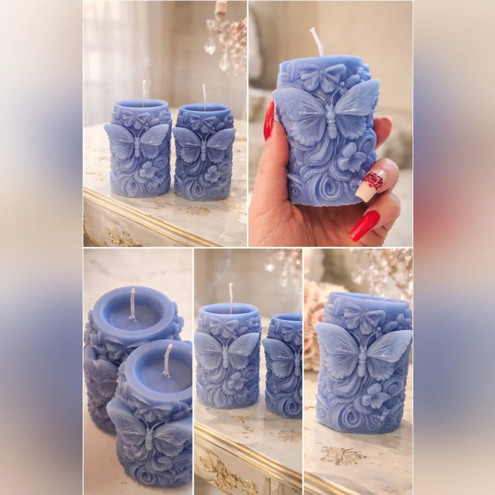 Set of 2 Butterfly Sculpted Candles – Periwinkle Blue Handmade - Picture 2 of 3